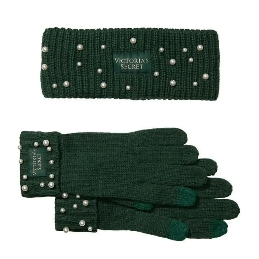 VS Green White Faux Pearl Knit Headband Ear Warmer & Gloves Gift set
